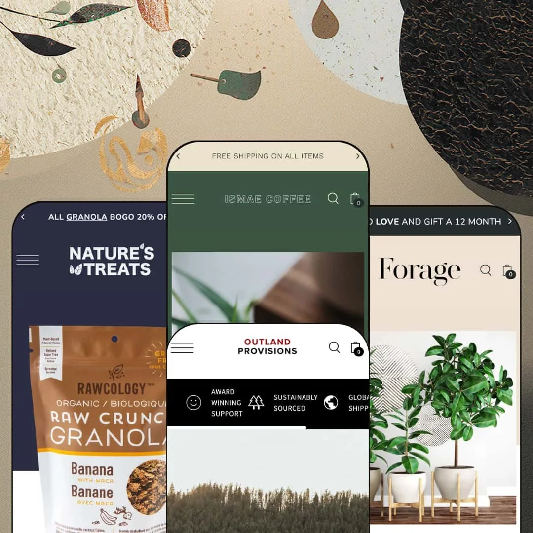Foodie Shopify theme presets in mobile view — Slice for packaged snacks, Foodie for coffee, Grind for apparel, Grow for plants