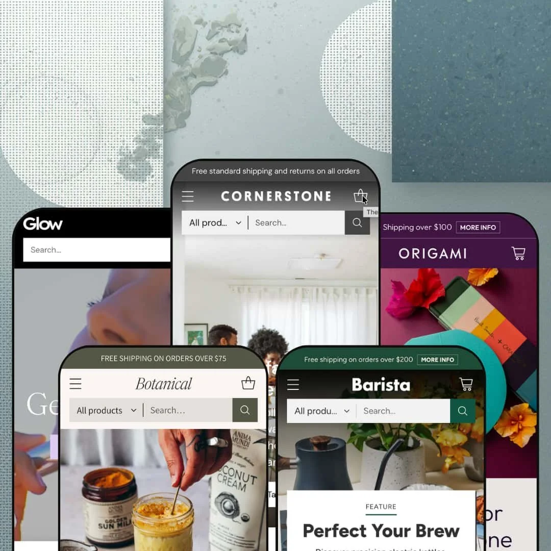 Cornerstone Shopify theme presets in mobile view — Glow for beauty, Botanical for wellness, Cornerstone for home, Barista for coffee, Origami for cards
