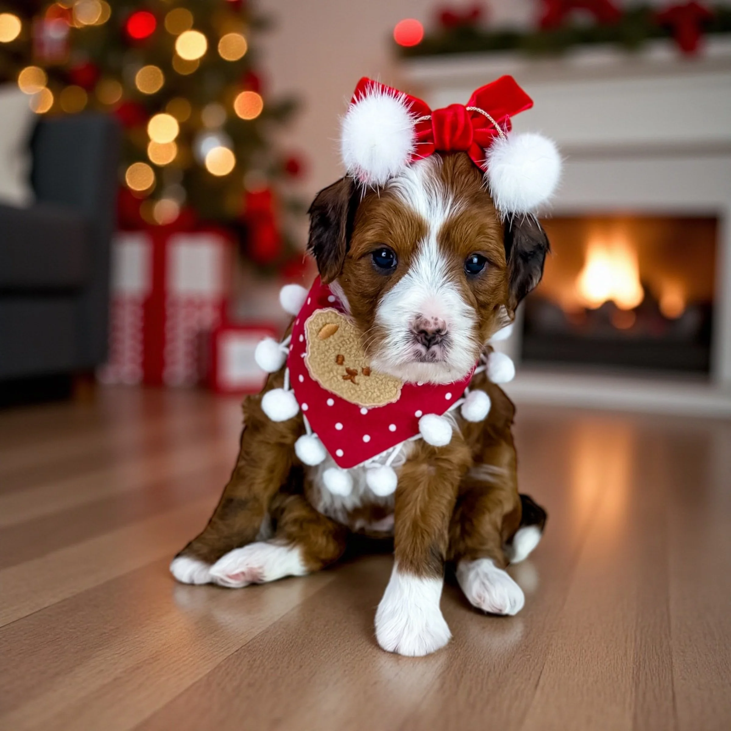 A cute puppy sitting on a wooden floor in front of a Christmas tree with blurred lights, wearing a red Christmas hat with white pom-poms and a red bandana with a bear patch.