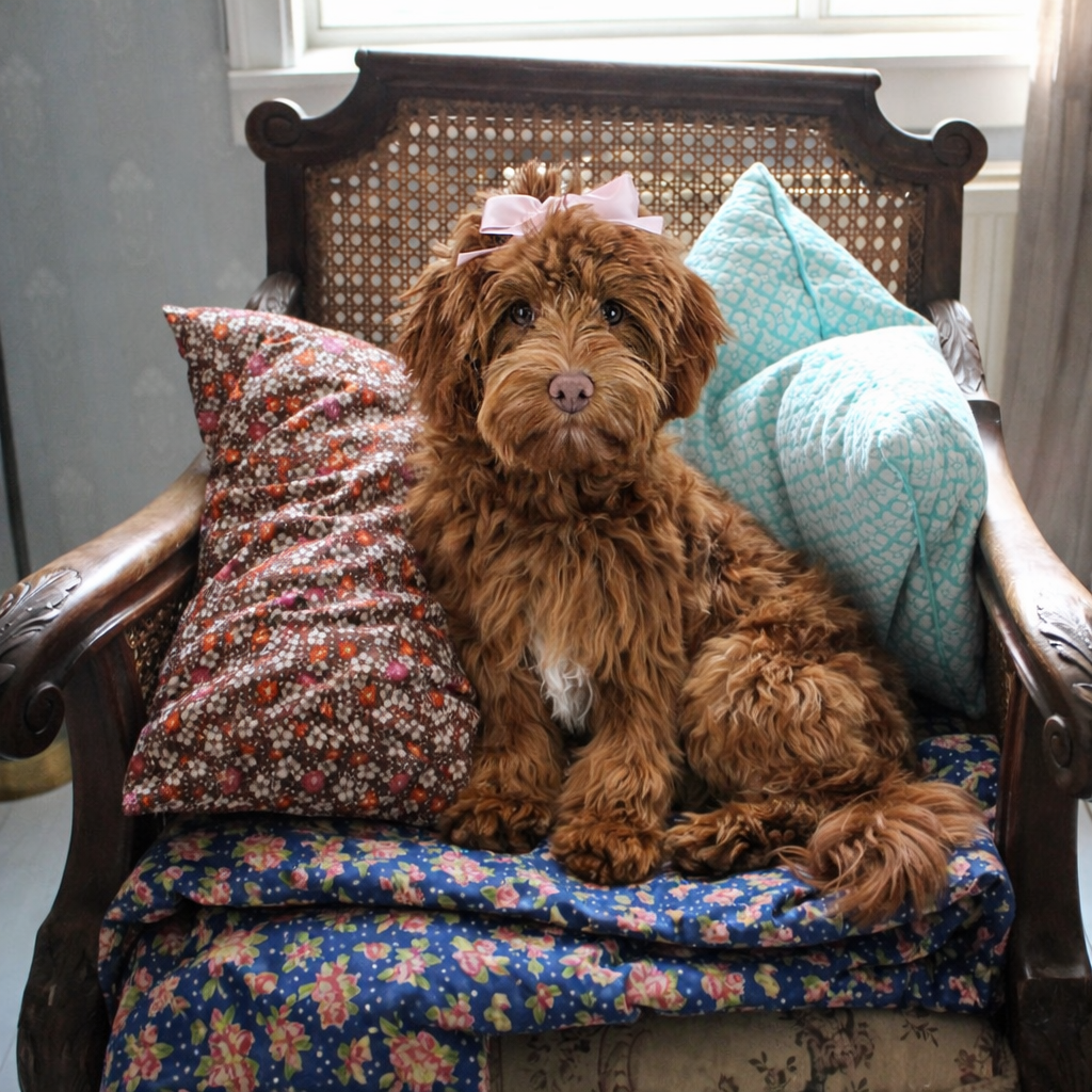 A brown, curly-haired dog with a pink bow sitting on a vintage wooden bench surrounded by colorful cushions and a blanket, inside a well-lit room.