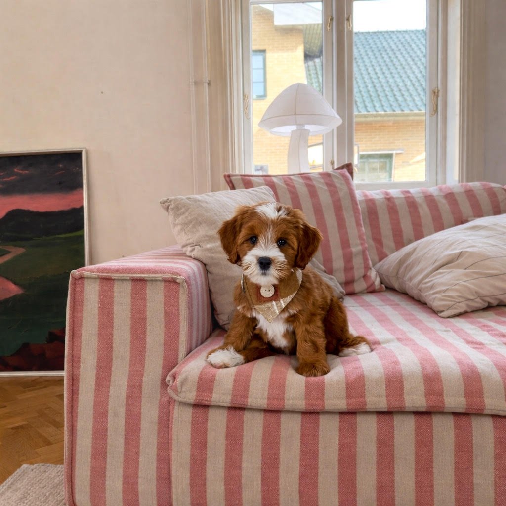 A cute puppy sitting on a pink and white striped couch in a cozy living room with large windows, a white lamp, and some pillows.