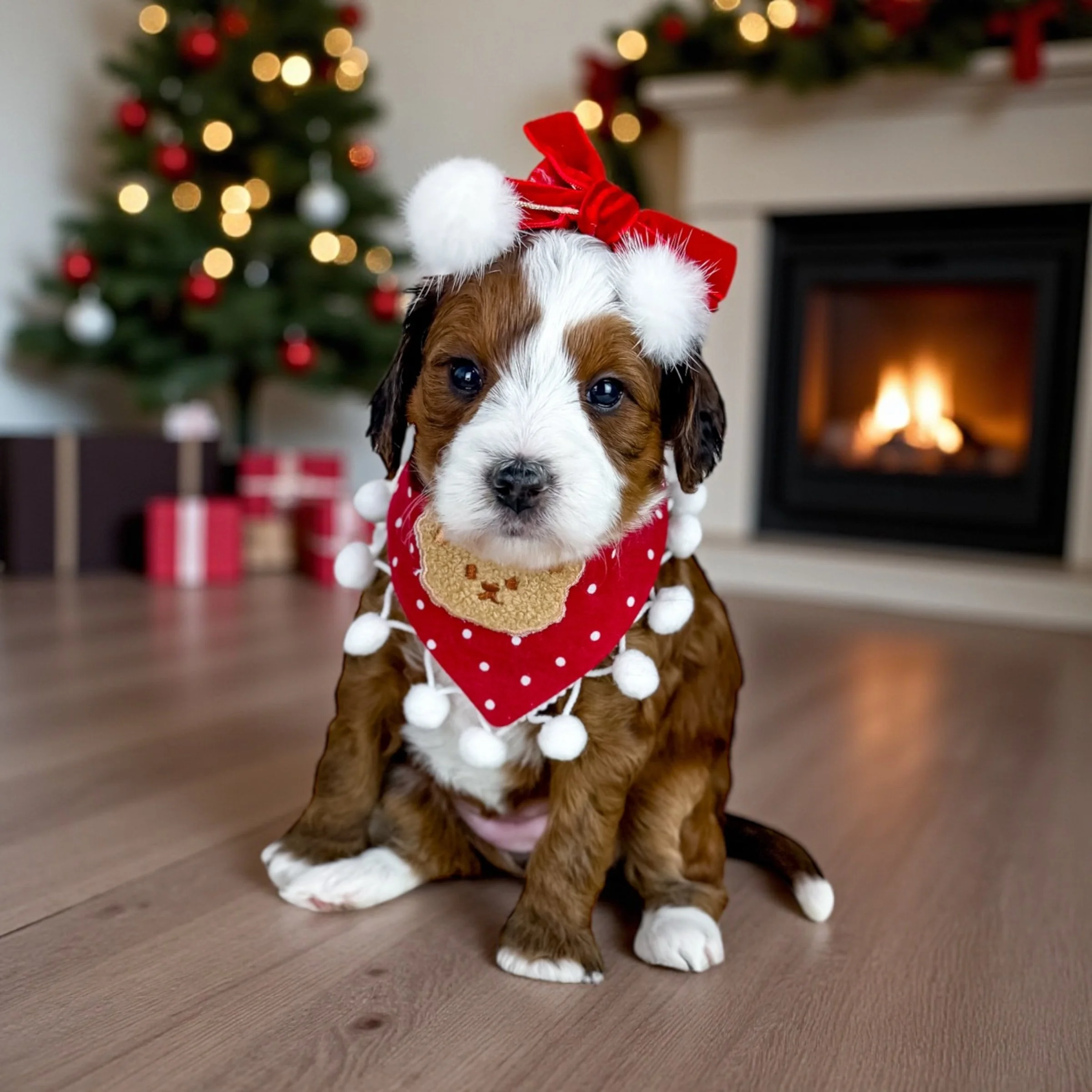 A cute brown and white puppy wearing a Christmas hat and red bandana with white pom-poms, sitting on a hardwood floor with a decorated Christmas tree and a lit fireplace in the background.