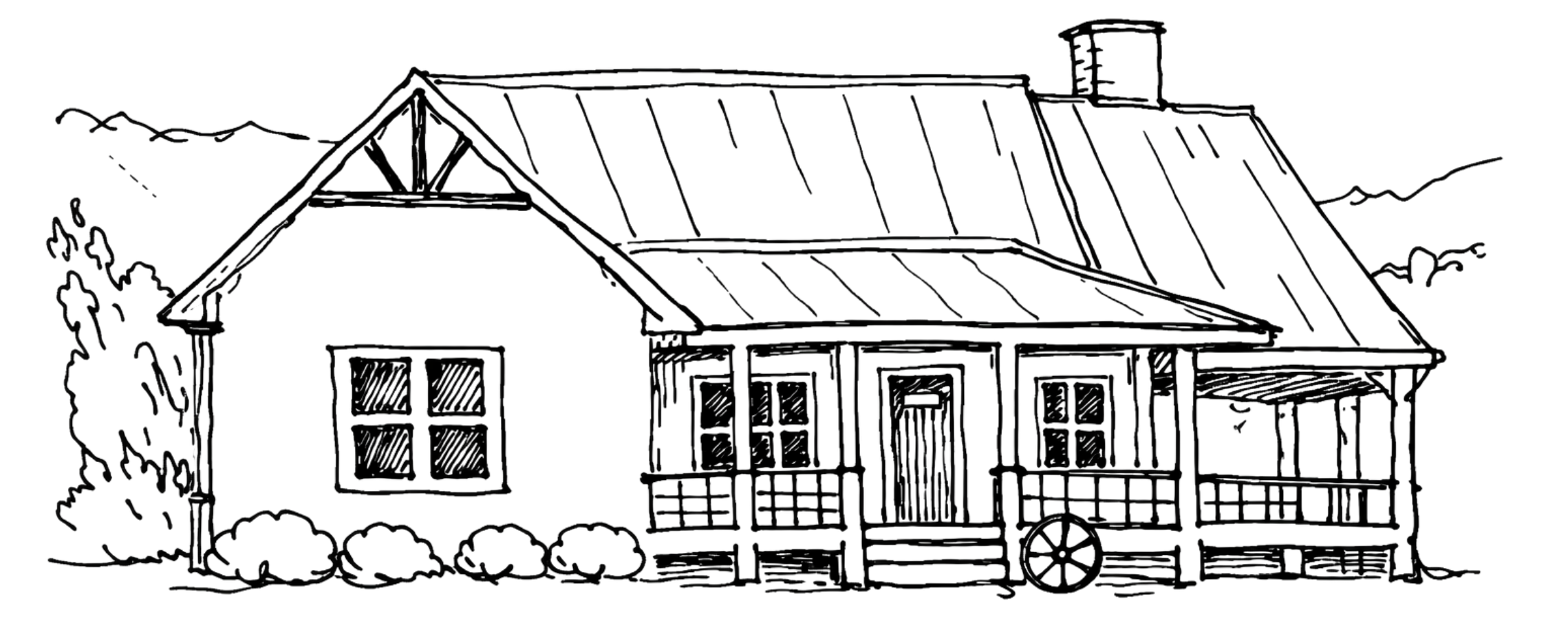 A detailed architectural line drawing of a house with a gabled roof, porch, and surrounding landscaping, including bushes and a tree on the left.