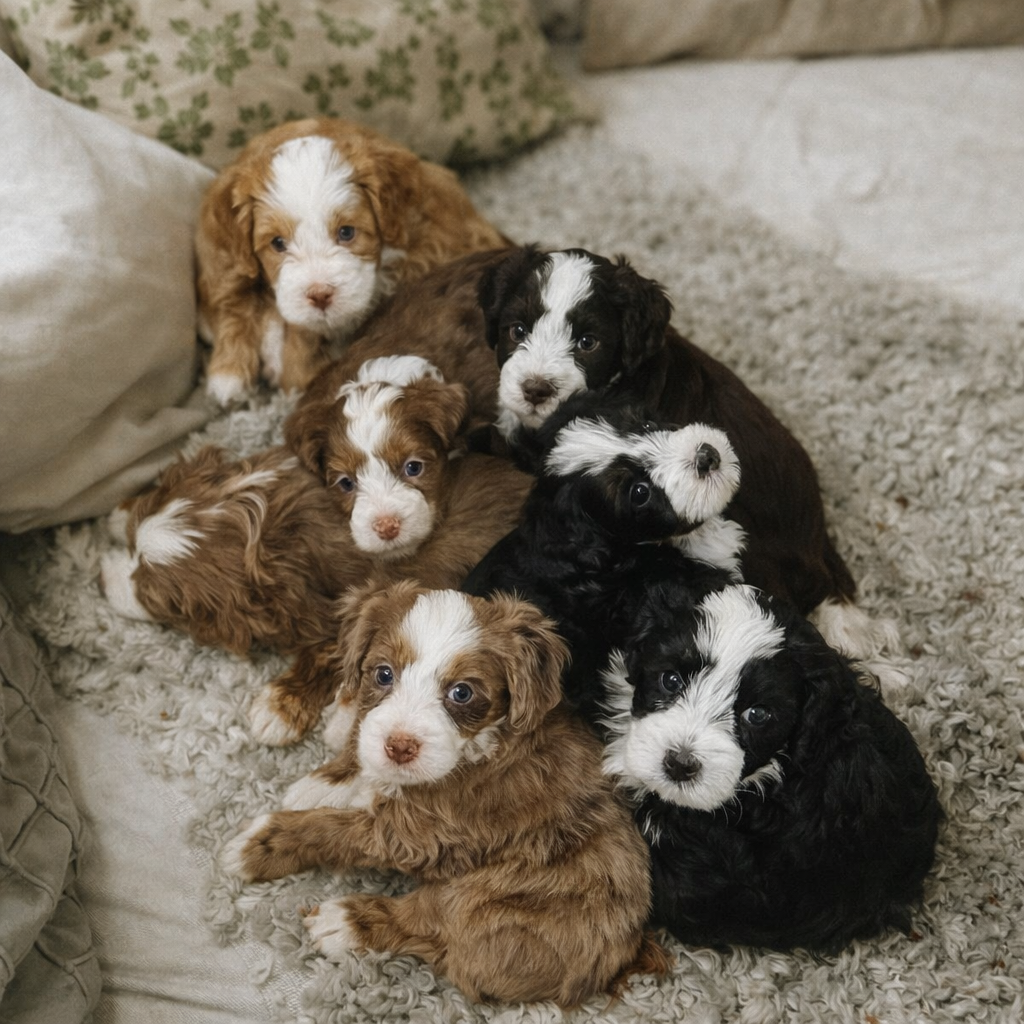 Eight adorable puppies with black, brown, and white fur lying on a plush, beige carpet with pillows nearby.