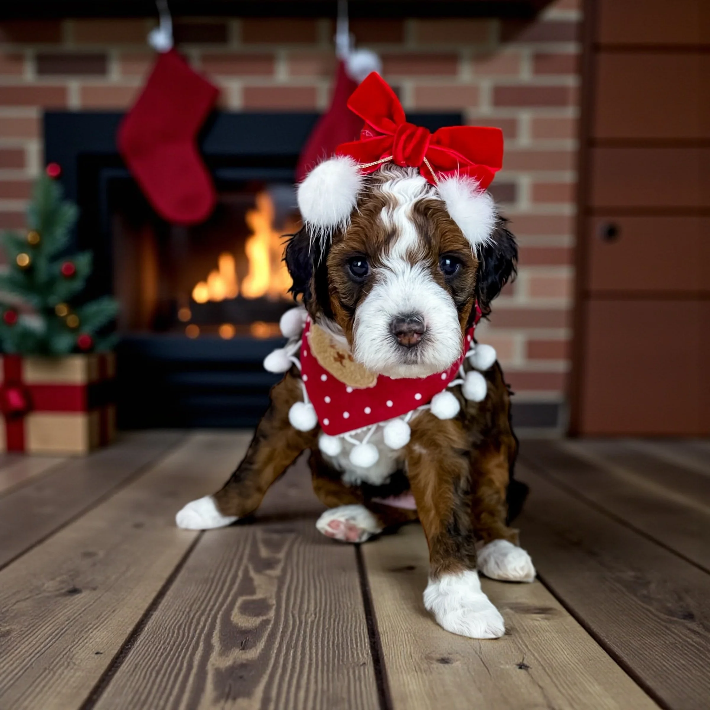 Cute puppy with brown, black, and white fur wearing a red Christmas bow, Santa hat, polka dot bandana, and standing on a wooden floor in front of a fireplace decorated for Christmas.