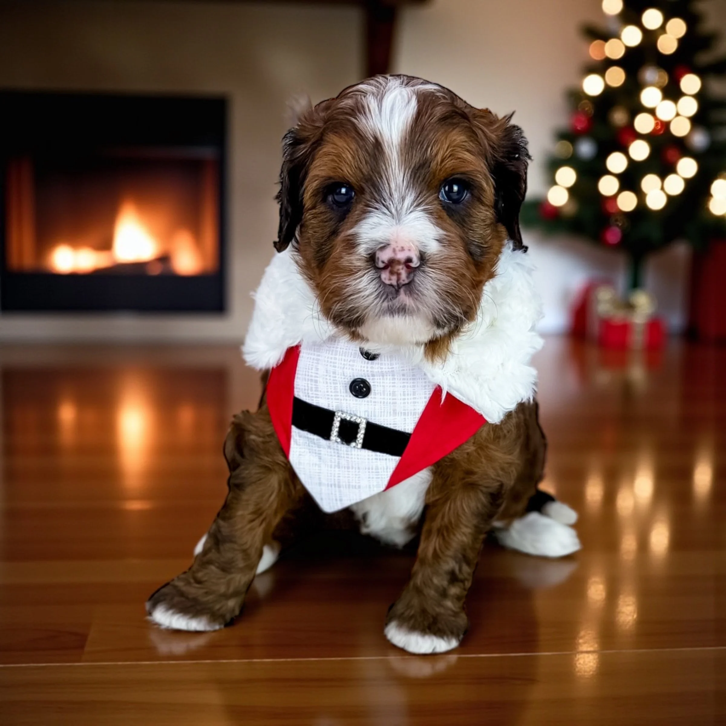 Adorable puppy dressed in a Christmas-themed outfit, sitting on a wooden floor in front of a decorated Christmas tree with blurred lights and presents, with a fireplace burning in the background.