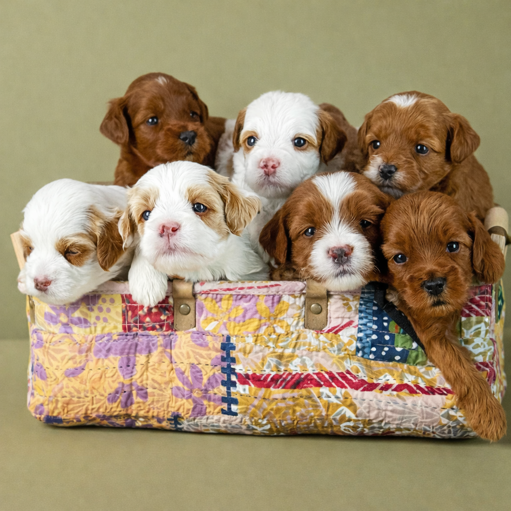 Six adorable puppies, a mix of white and brown, sitting in a colorful quilted fabric basket with a green background.
