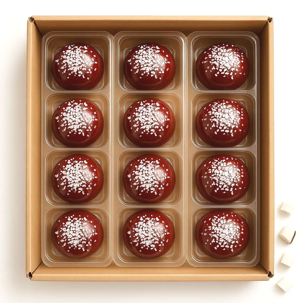 Ogni cartone è progettato per ottimizzare la conservazione e la distribuzione del prodotto. Contiene un totale di 24 mochi, con un Peso Netto complessivo di 1032g.
Riepilogo:
1 Cartone = 12 Confezioni (Blister) = 24 Mochi
1 Confezione (Blister con
