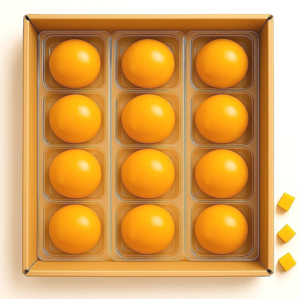 Ogni cartone è progettato per ottimizzare la conservazione e la distribuzione del prodotto. Contiene un totale di 24 mochi, con un Peso Netto complessivo di 1032g.
Riepilogo:
1 Cartone = 12 Confezioni (Blister) = 24 Mochi
1 Confezione (Blister con