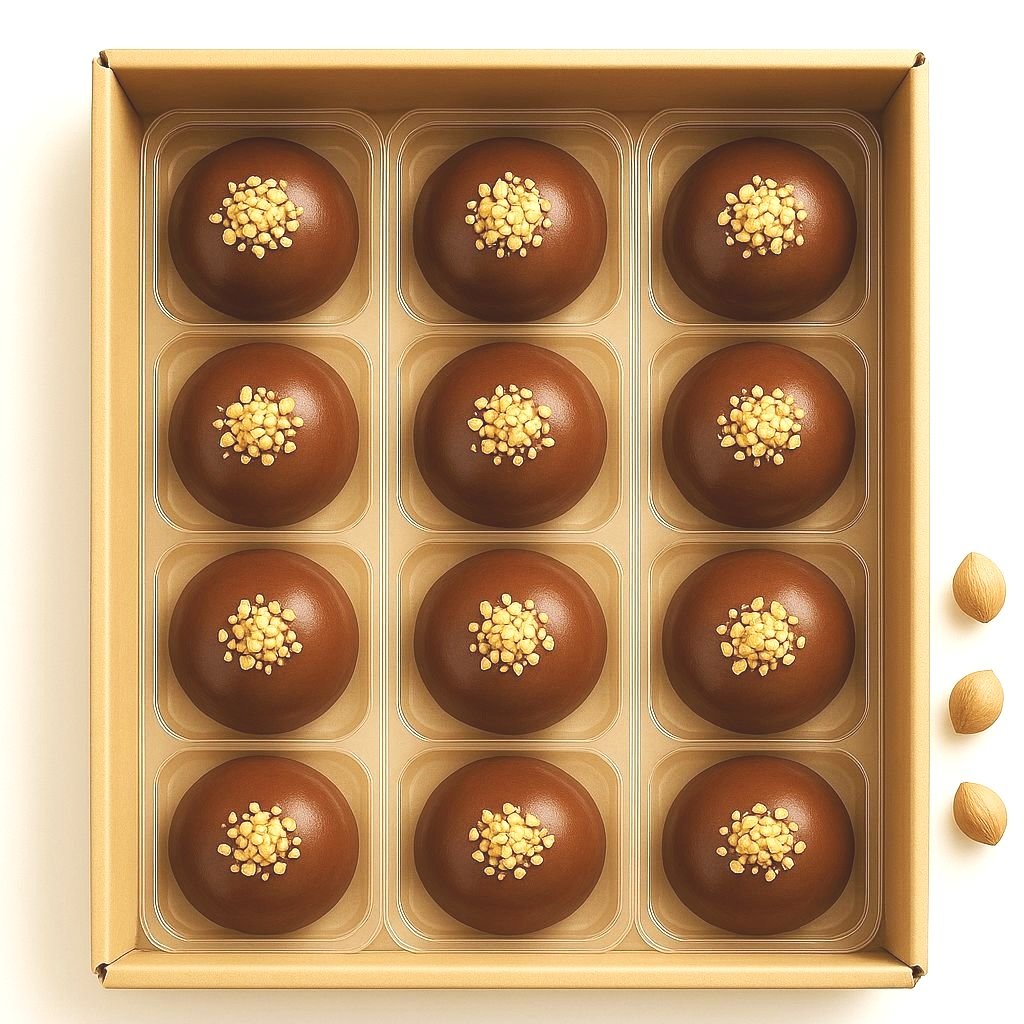 Ogni cartone è progettato per ottimizzare la conservazione e la distribuzione del prodotto. Contiene un totale di 24 mochi, con un Peso Netto complessivo di 1032g.
Riepilogo:
1 Cartone = 12 Confezioni (Blister) = 24 Mochi
1 Confezione (Blister con