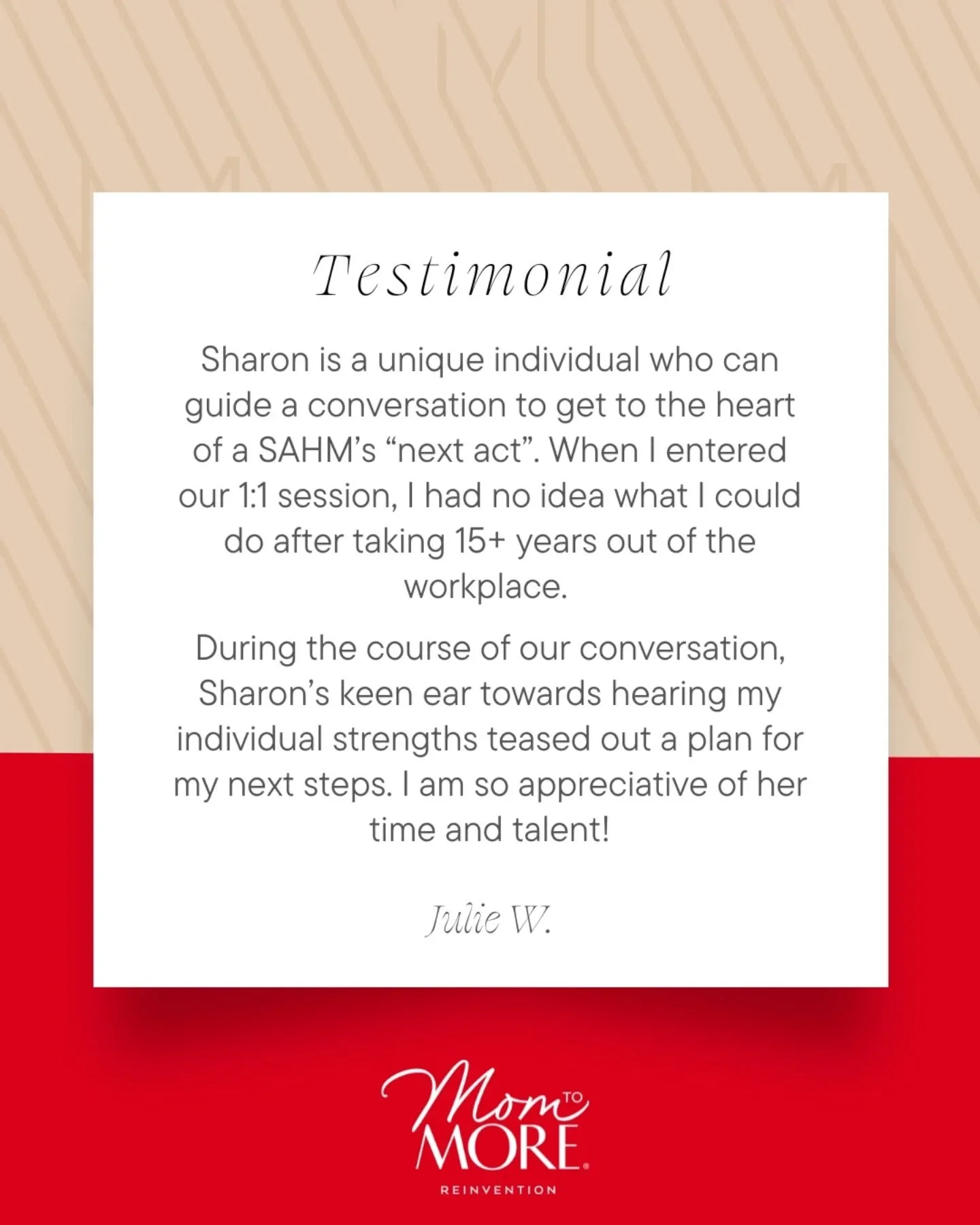 She thought 15 years out of the workplace meant starting from zero.&nbsp;

Turns out, motherhood gave her every skill and insight she needed for her next chapter - she just needed someone to help her see it.&nbsp;

So grateful for clients like Julie 