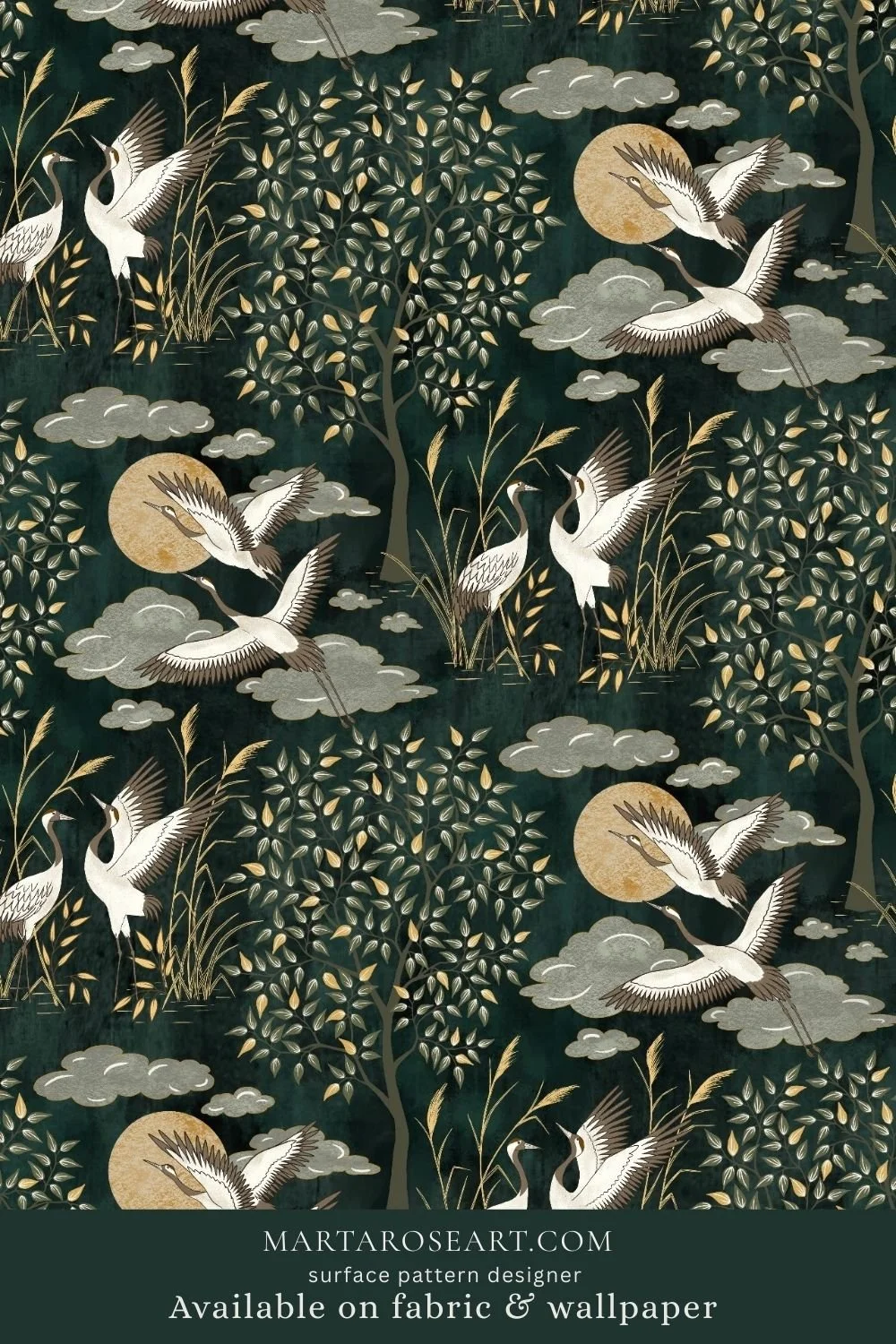 pattern design featuring elegant cranes, trees, clouds, sun and moon