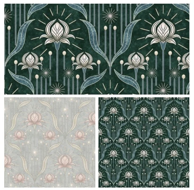 Three different floral patterned wallpaper designs featuring stylized flowers and leaves in muted and dark color schemes.