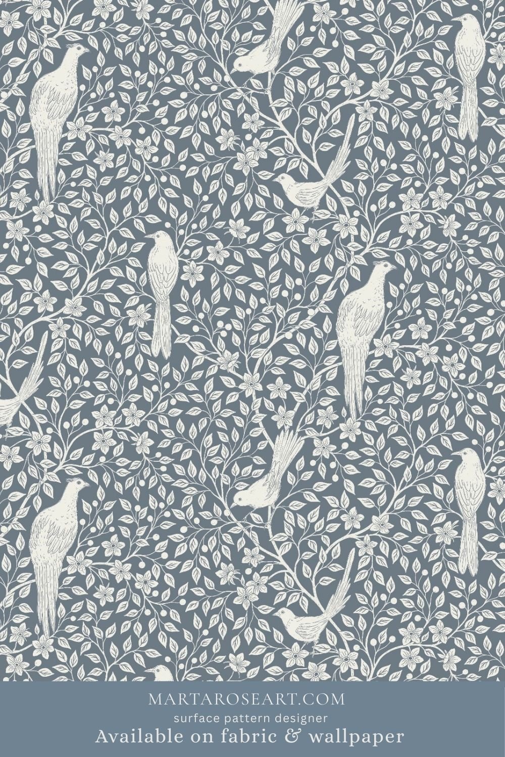 pattern design featuring delicate white birds and floral branches