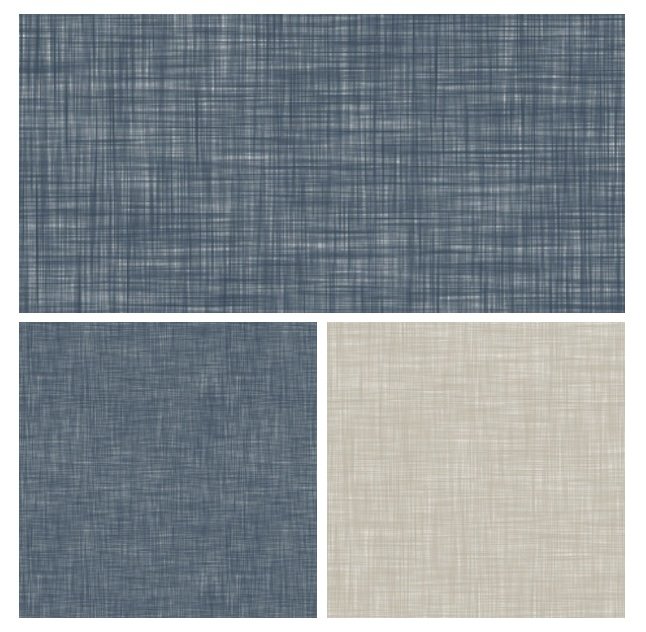 Three fabric swatches in blue and beige, each with a textured, woven pattern.