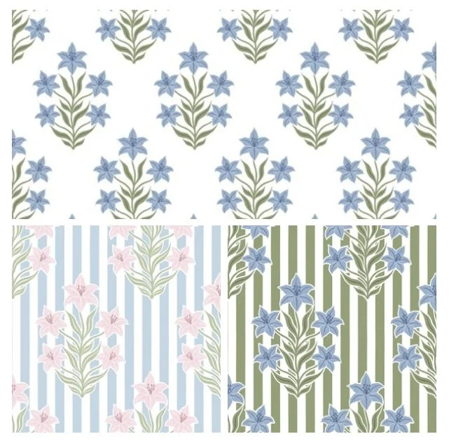 Four patterns featuring blue and pink flowers with green leaves, alternating with striped backgrounds in blue and white, green and white, and pink and white.
