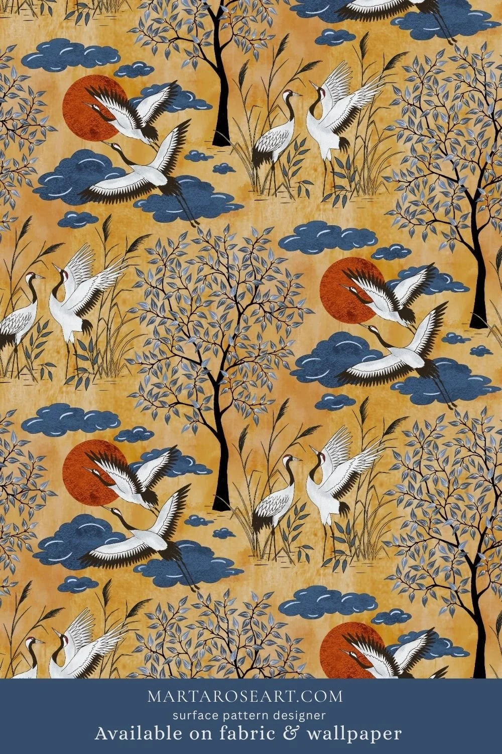 pattern design featuring elegant cranes, trees, clouds, sun and moon