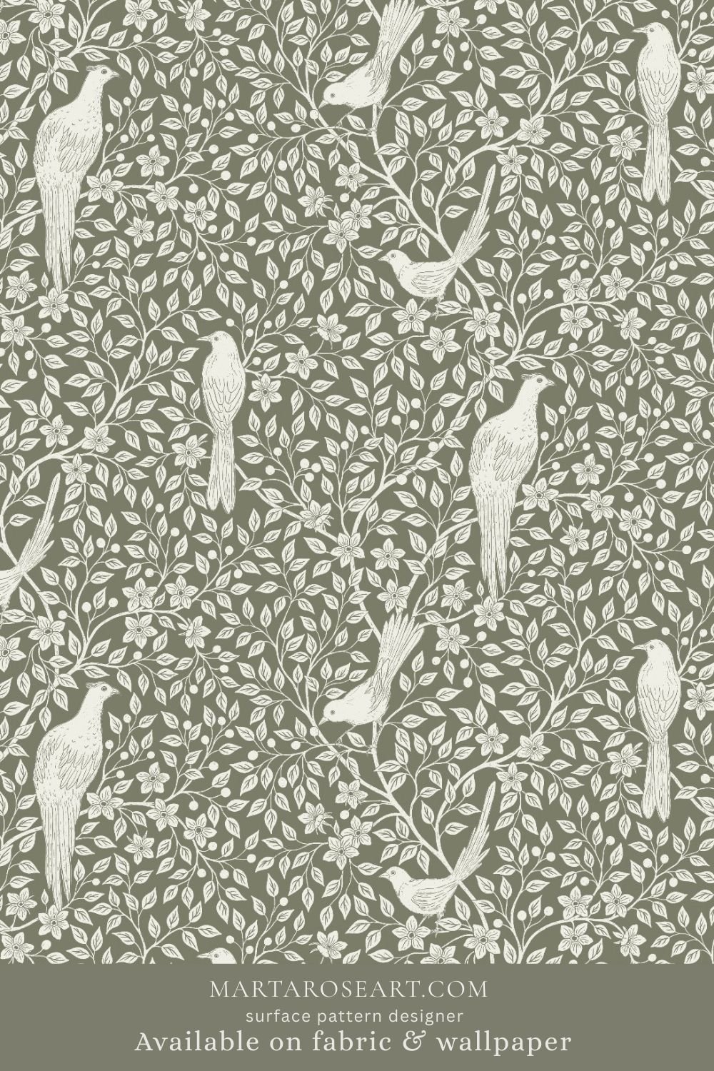 pattern design featuring delicate white birds and floral branches