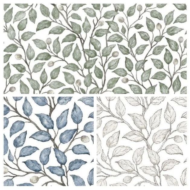Set of three botanical patterns featuring leaves and small buds in green, blue, and gray shades.