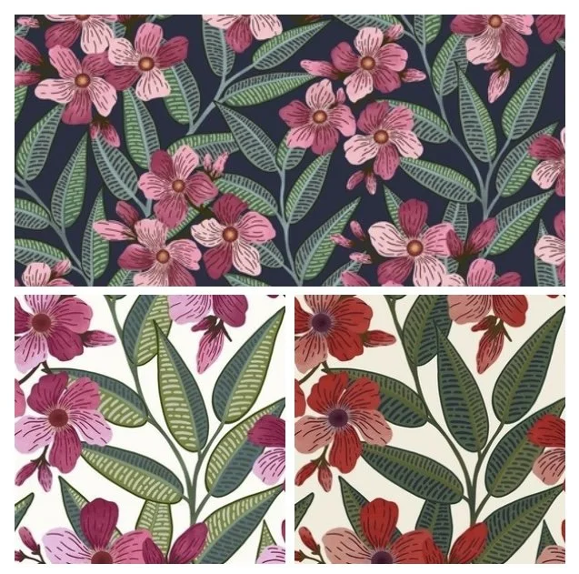 Three fabric patterns featuring pink and red flowers with green leaves.