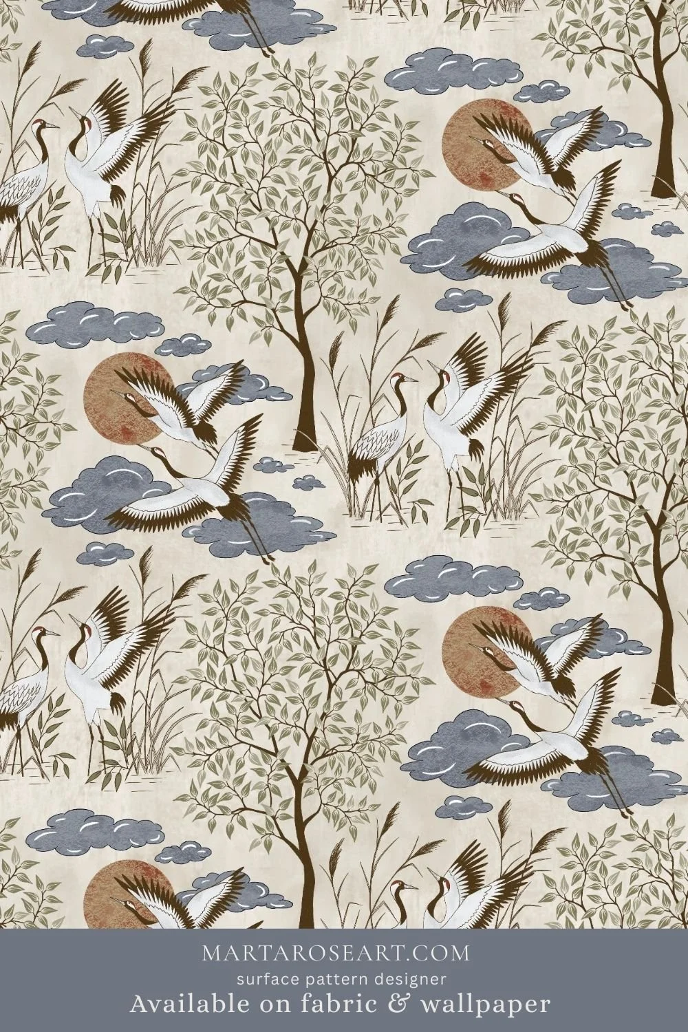 pattern design featuring elegant cranes, trees, clouds, sun and moon