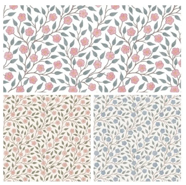 Three fabric patterns with floral designs and leafy branches in pink, beige, and blue tones.