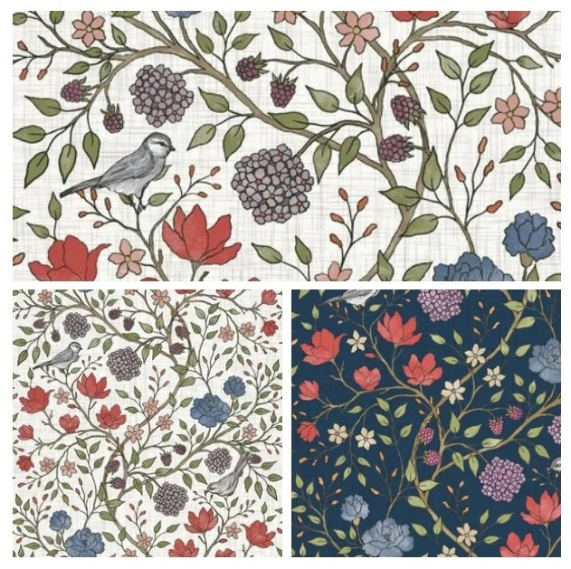 Three floral patterns featuring branches with leaves, berries, and flowers, along with small birds perched on the branches.