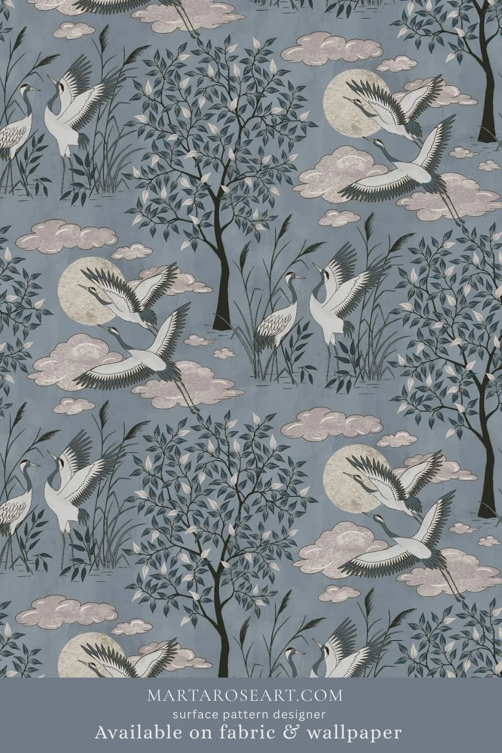 pattern design featuring elegant cranes, trees, clouds, sun and moon