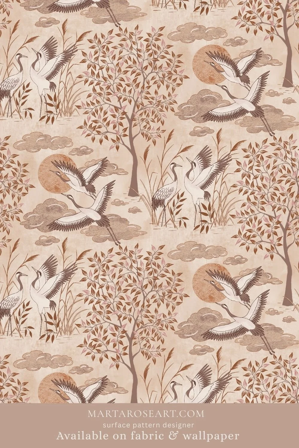 pattern design featuring elegant cranes, trees, clouds, sun and moon