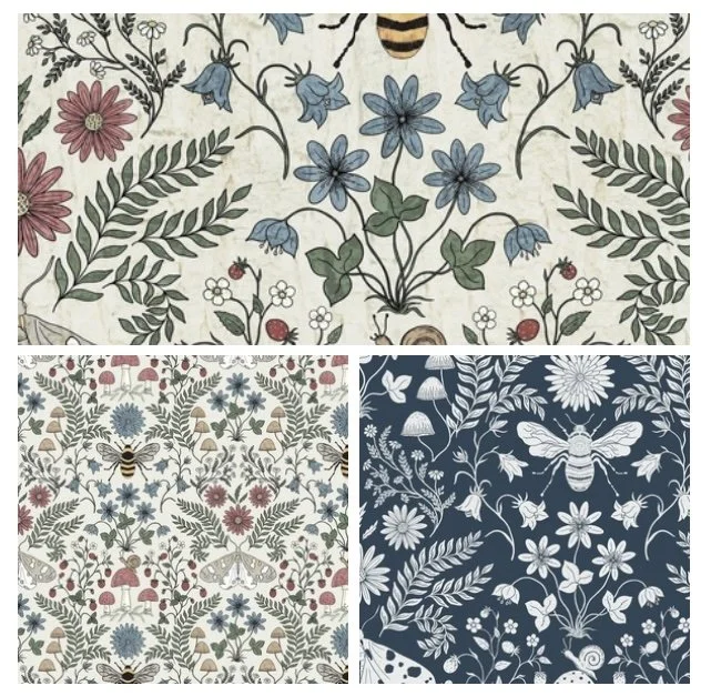 Three fabric patterns with floral and insect motifs, featuring bees, butterflies, flowers, and leaves in various colors and arrangements.