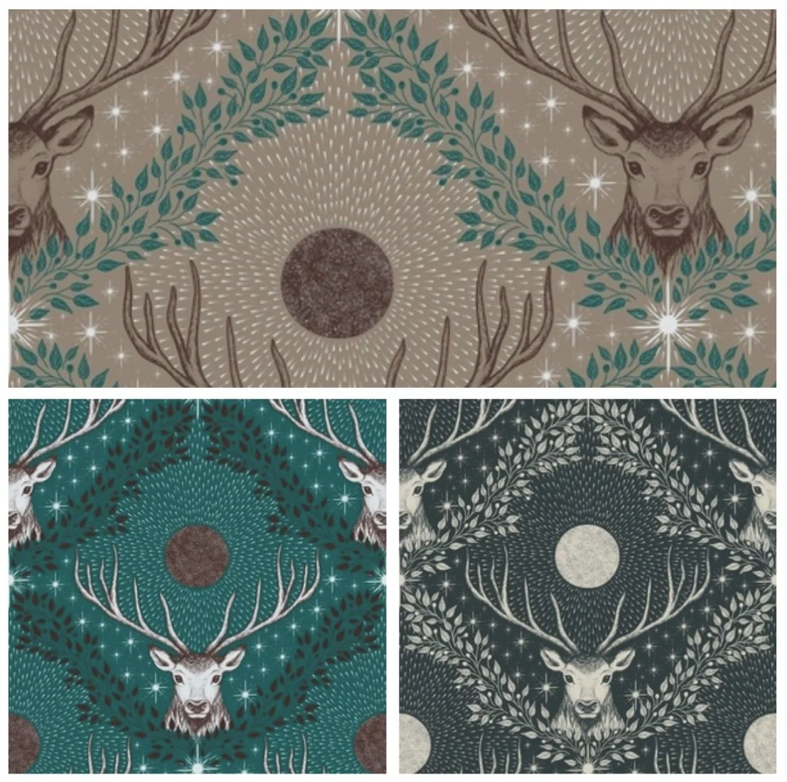 Three illustrations of deer with large antlers, surrounded by leaves, stars, and moon motifs, each in a different color scheme: beige, teal, and dark gray.