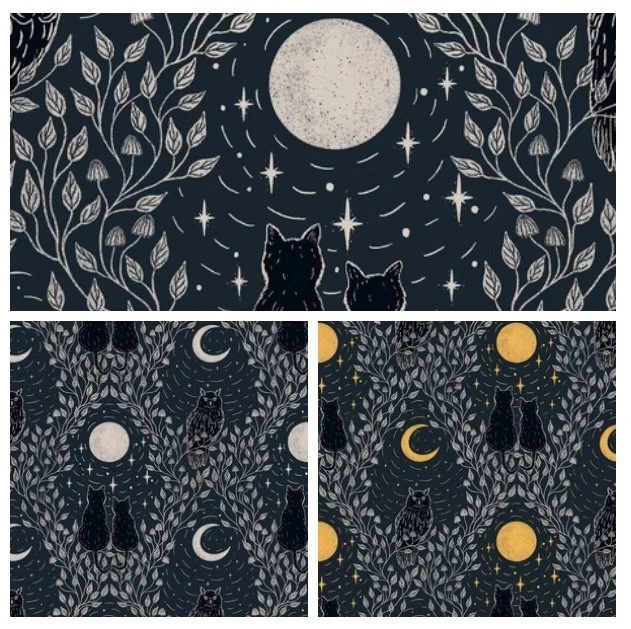 Three nighttime illustrations featuring cats, trees, and celestial objects. The top image shows two cats looking at a full moon surrounded by stars. The bottom left image depicts two cats under a moon and stars, with moon phases and celestial patterns. The bottom right image illustrates two cats among trees with hanging moons and stars, and a dark night sky background.