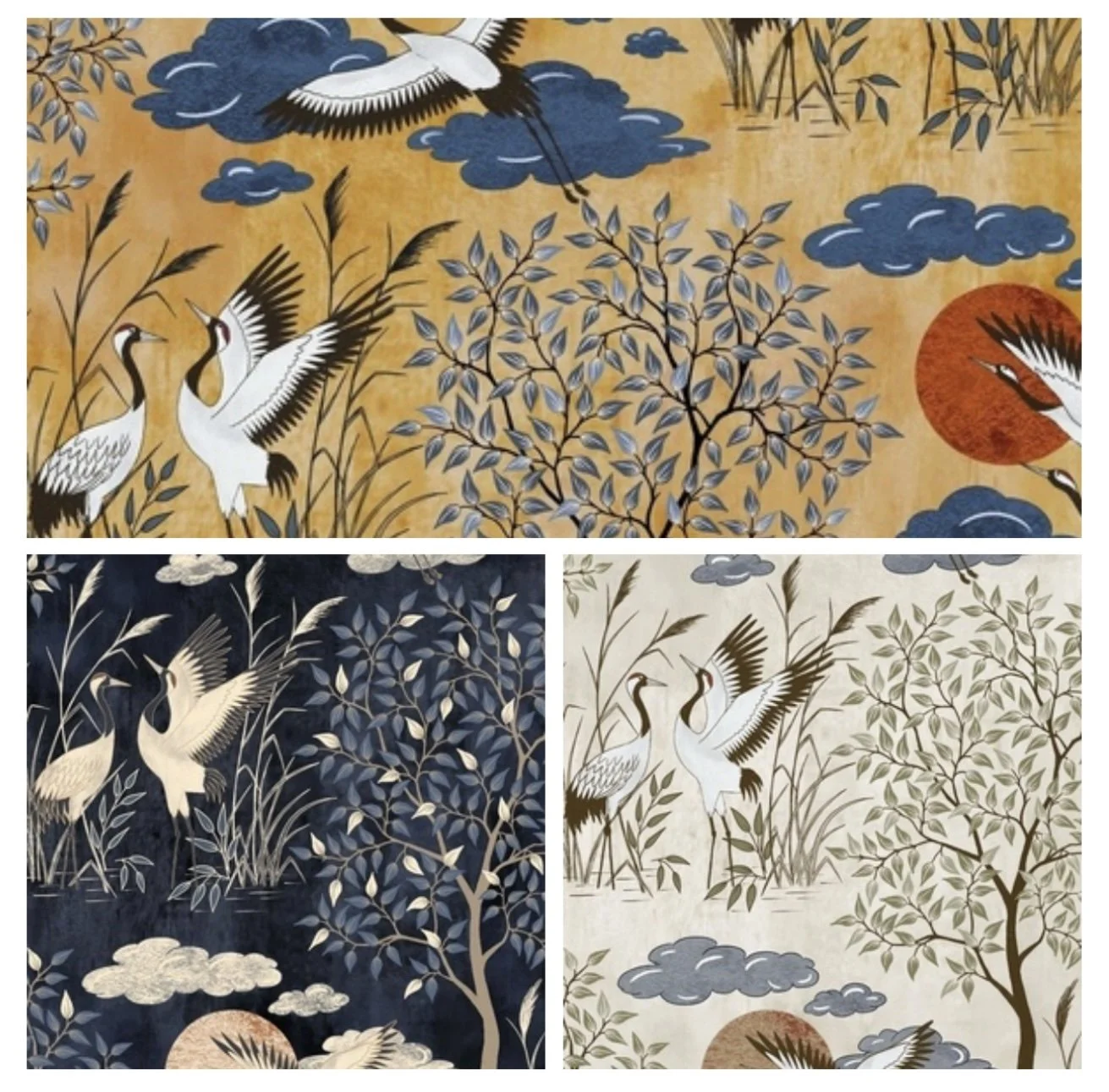 Three panels featuring traditional Asian style paintings of cranes in nature with trees, clouds, and a sun or moon. The top panel has a yellow background, the bottom left has a dark blue background, and the bottom right has a beige background.