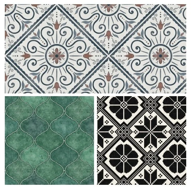 Three different tile patterns: top pattern with intricate blue and brown floral geometric design, bottom left with green tile pattern featuring white curved lines forming a lattice pattern, bottom right with black and white geometric floral pattern.