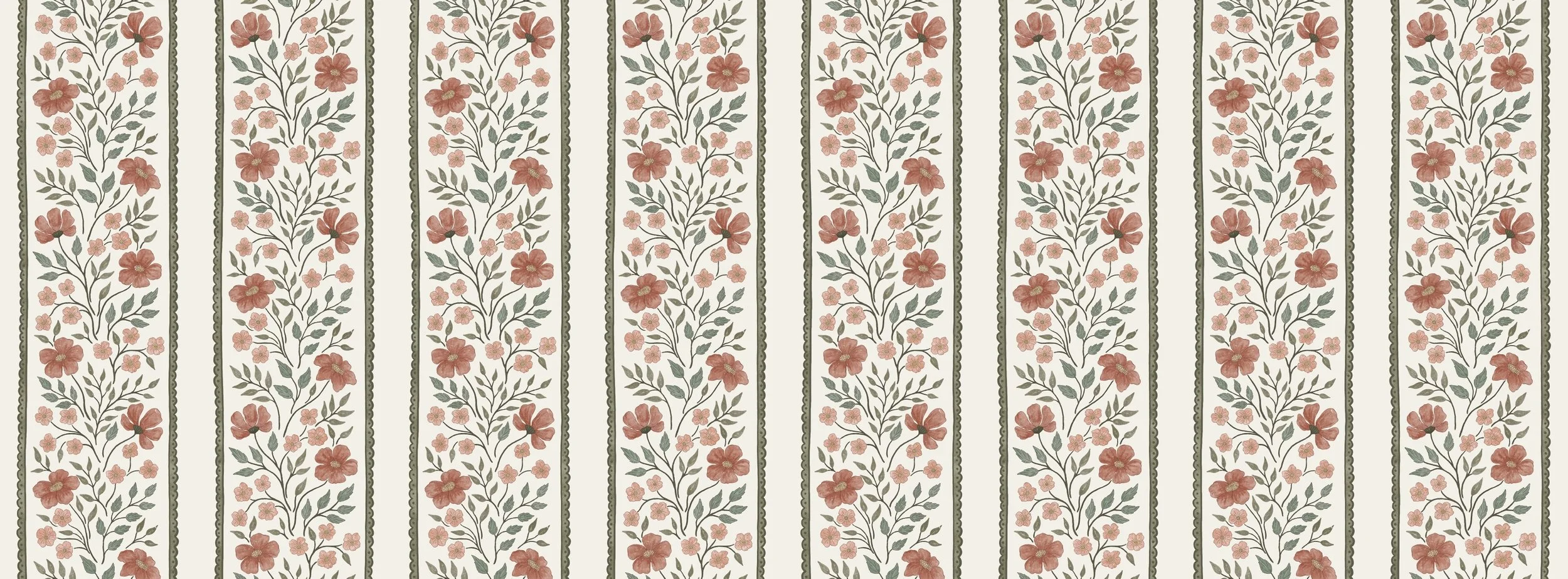 A repeating pattern of floral wallpaper with pink and red flowers, green leaves, and decorative borders.