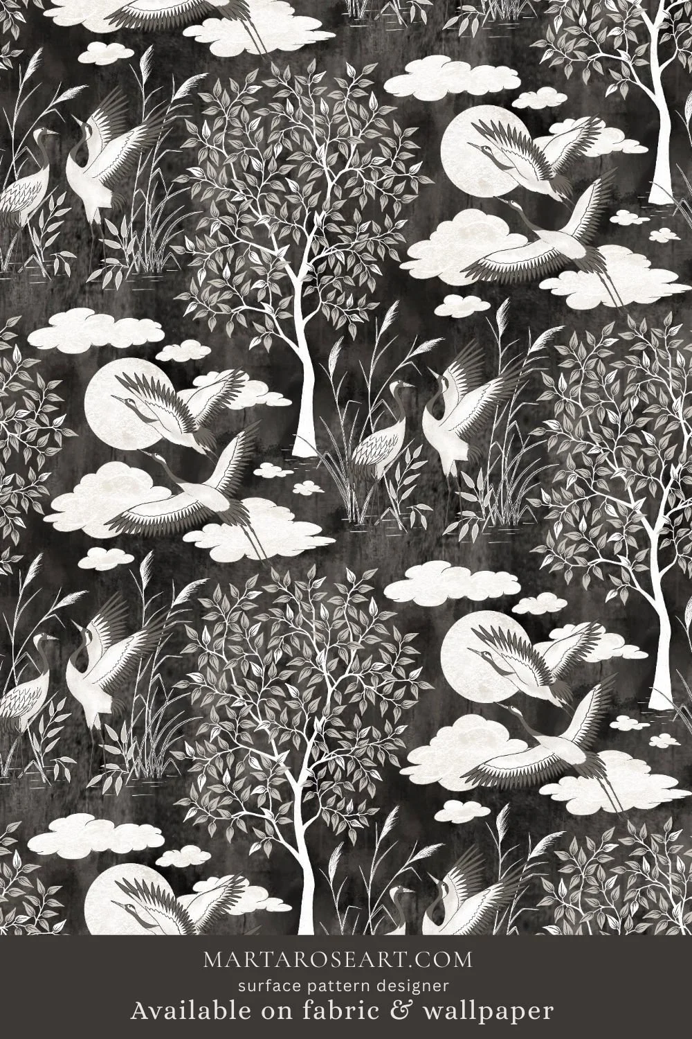 pattern design featuring elegant cranes, trees, clouds, sun and moon