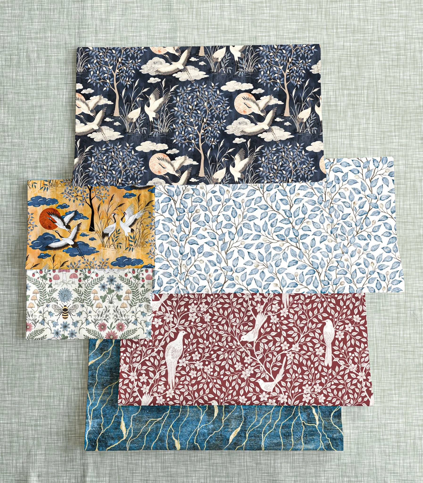 Collection of six fabric pieces with nature-inspired patterns, including birds, trees, clouds, and floral designs, laid out on a light green textured background.