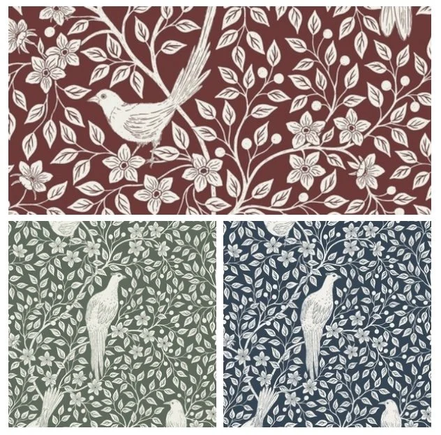 Three wallpaper patterns featuring white birds perched on branches surrounded by leaves and flowers in burgundy, green, and blue backgrounds.