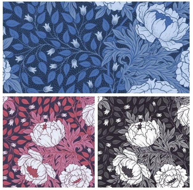 Three floral patterned fabrics featuring large peony flowers and leaves, one in blue and white, one in pink and white, and one in black and white.