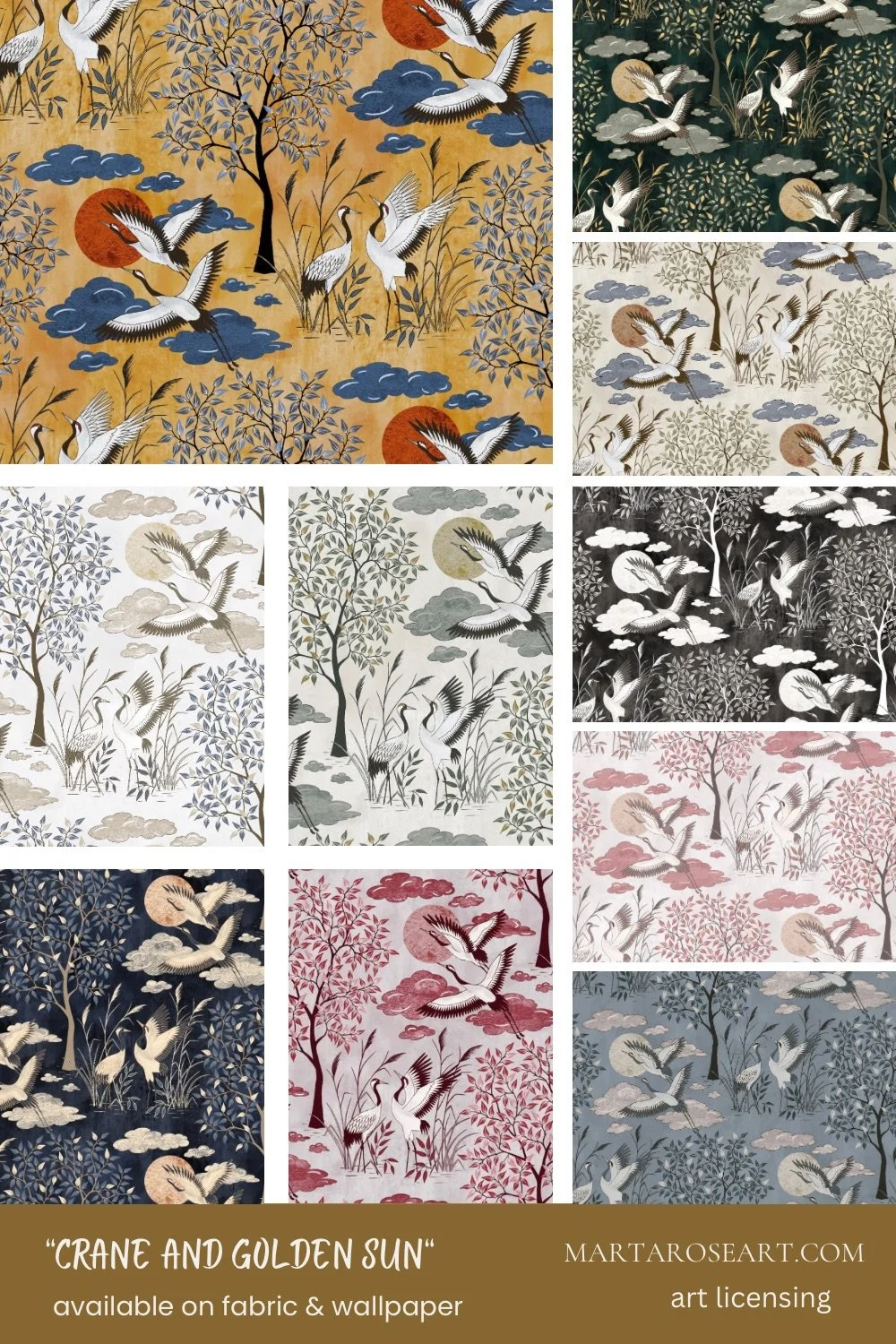 ten pattern design featuring elegant cranes, trees, clouds, sun and moon
