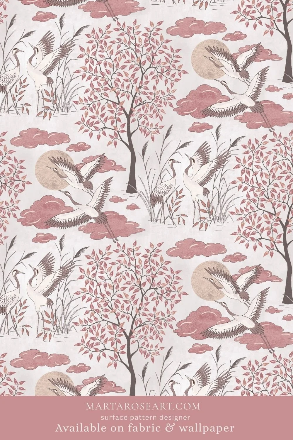 pattern design featuring elegant cranes, trees, clouds, sun and moon