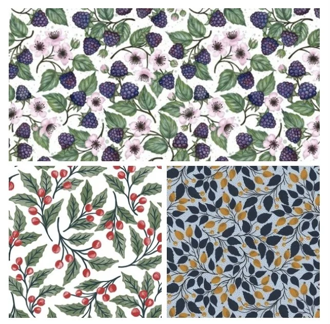 Three fabric patterns with botanical and fruit designs: top features purple berries and green leaves, bottom left has red berries and holly leaves, bottom right displays yellow berries with dark leaves.