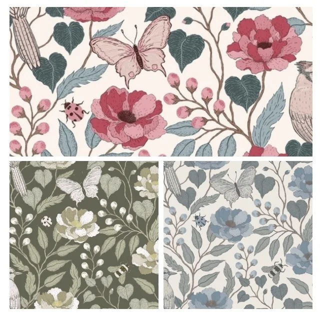 Three floral pattern designs with butterflies and bees in pink, green, and blue color schemes.