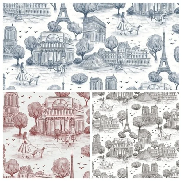 Pattern featuring sketches of Paris landmarks such as the Eiffel Tower, Arc de Triomphe, and buildings, with trees, people, and dogs, in shades of blue, pink, and gray.