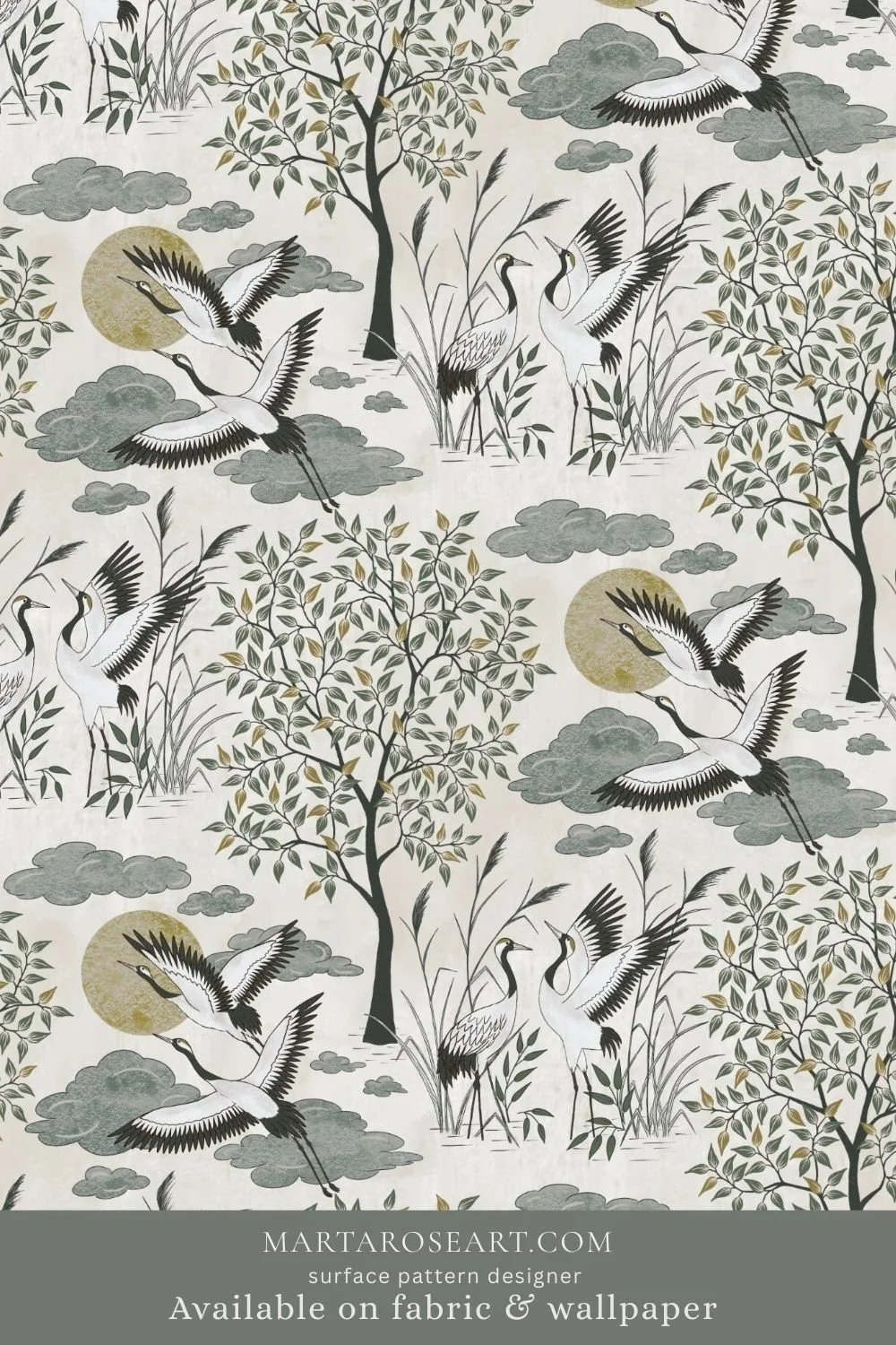 pattern design featuring elegant cranes, trees, clouds, sun and moon