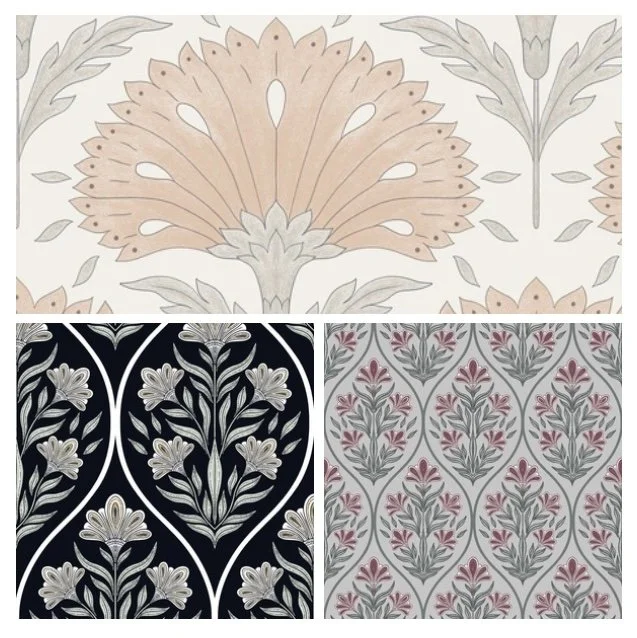 Three patterns of floral wallpaper designs with symmetrical floral motifs and botanical elements. The top pattern features large pastel pink and gray flowers, while the bottom left has black background with silver and white floral designs, and the bottom right displays a repeating pattern of pink and gray flowers on a light background.