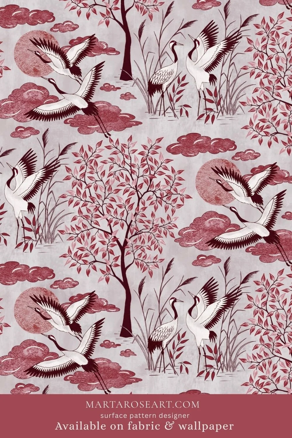 pattern design featuring elegant cranes, trees, clouds, sun and moon