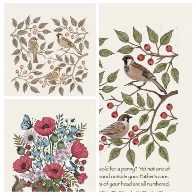Illustration of various birds, flowers, berries, and leaves.