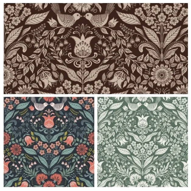 Three floral patterns in different color schemes, each featuring symmetrical arrangements of birds, flowers, and leaves.