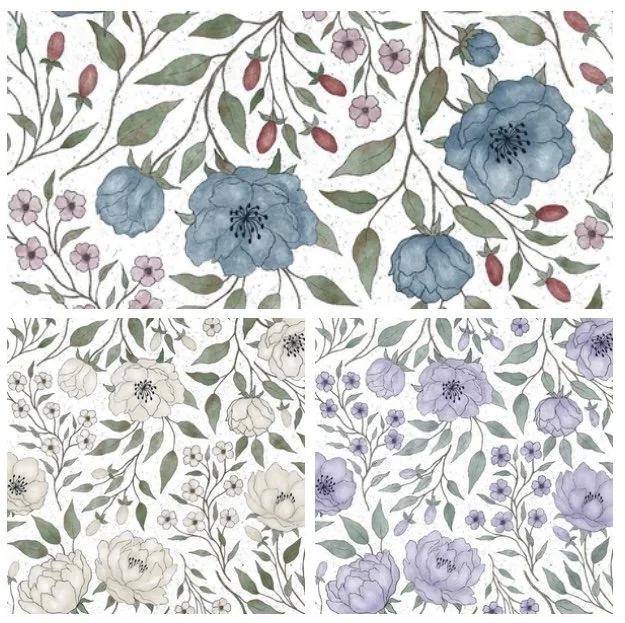 Three separate sections of floral patterns with large blooming flowers and leafy vines in different pastel colors: blue, cream, and lavender.
